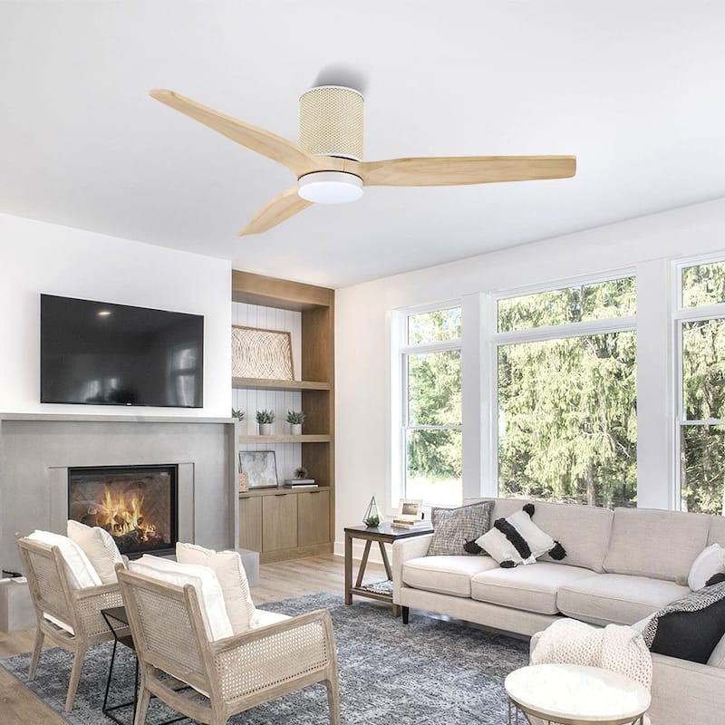 MLiAN 52 In. 3 Solid Wood Blades Flush Mount Ceiling Fan with Light Kit - 52"