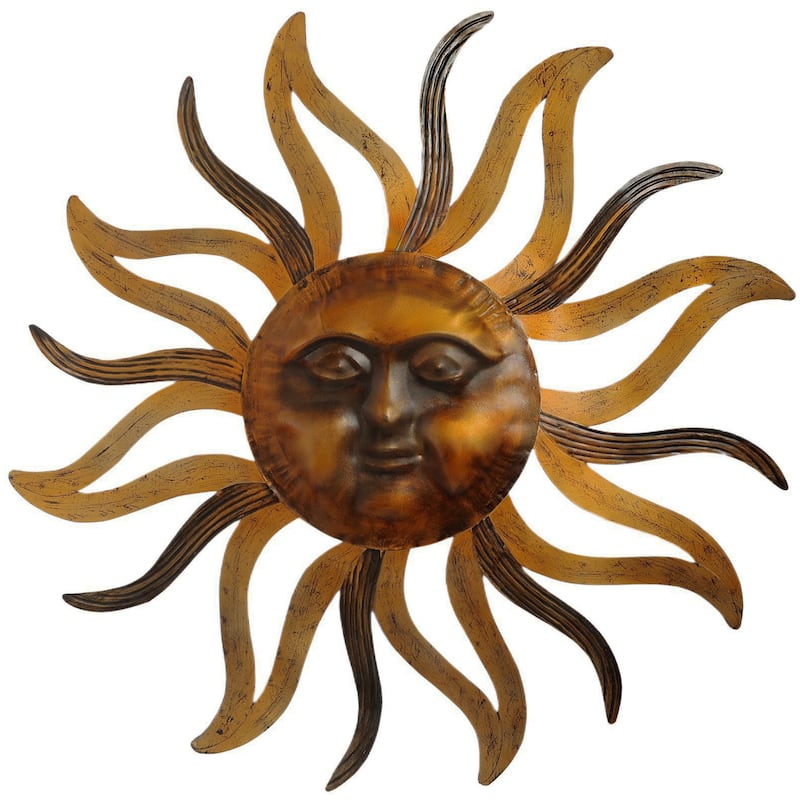 35 Inch Round Wall Mounted Sun Face Accent Decor, Carved Rustic Gold and Black Metal