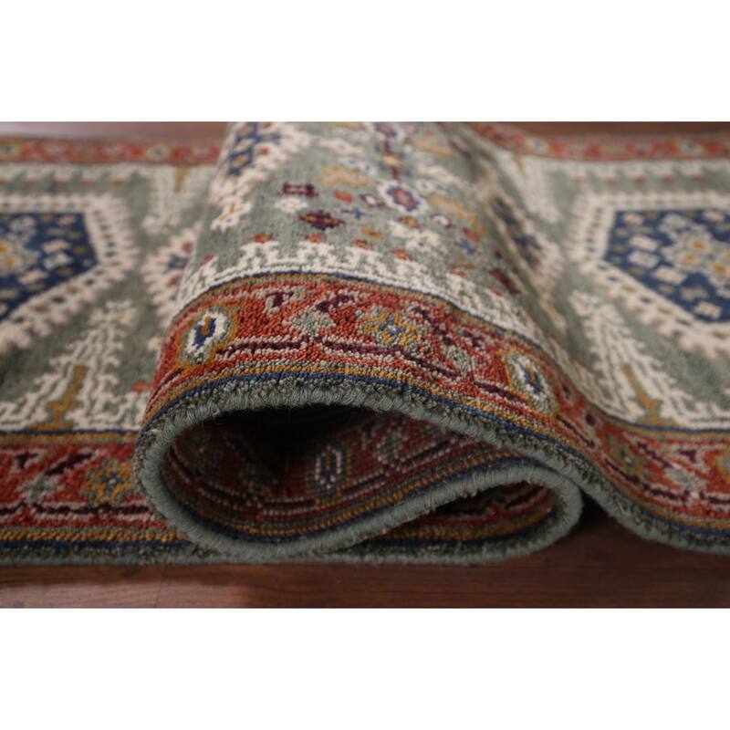 Green Geometric Viss Oriental Runner Rug Handmade Wool Carpet - 2'6"x 8'1"