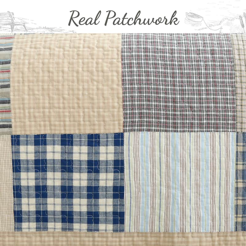 Cozy Line Tattersall Blue Tan Tartan Plaid Patchwork 3 Piece Quilt Bedding Set