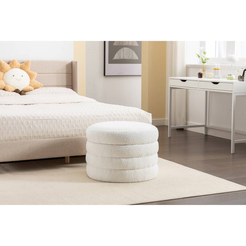 Round Storage Ottoman Footstool, Boucle Fabric Upholstered Vanity Stool, Small Ottomans Table with Removable Lid