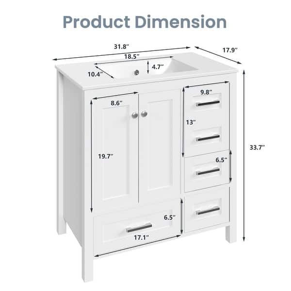 dimension image slide 0 of 5, Modern Bathroom Vanity with Ceramic Sink, Soft-Close Storage Cabinet and Glossy Easy-Clean Countertop