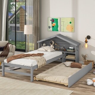 Twin Bed with Roofed Bookcase Headboard and Pull-Out Trundle