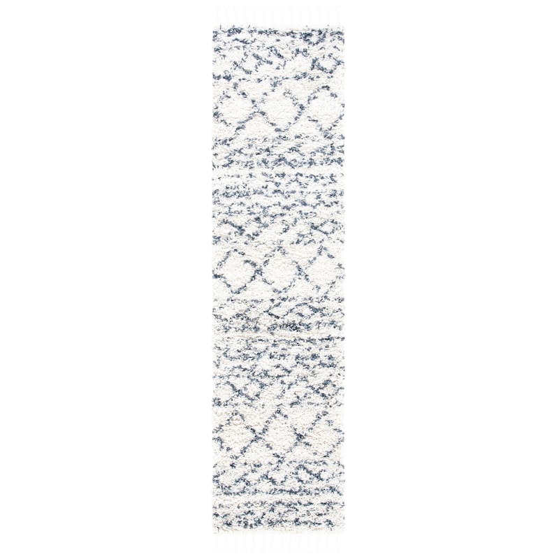SAFAVIEH Pro Lux Shag Dottie Moroccan Tassel 2.4-inch Thick - 2' x 8' - Ivory/Blue - Runner