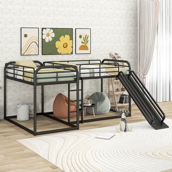 slide 2 of 26, L-Shaped Full and Twin Size Metal Bunk Bed with Slide and Short Ladder,Industrial Design Black