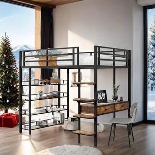 Contemporary Design Full Size Metal Loft bed with Desk and Shelves, 3 in 1 Design, Ample Storage Space, Black