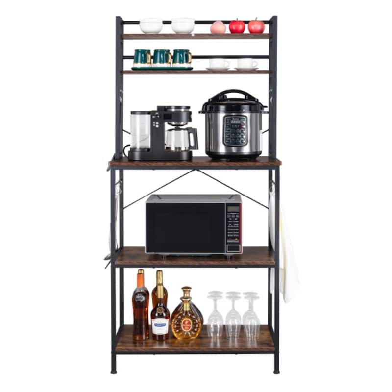 5-Tier Kitchen Bakers Rack with 10 S-Shaped Hooks, Industrial Microwave Oven Stand, Cart Storage Shelf Organizer