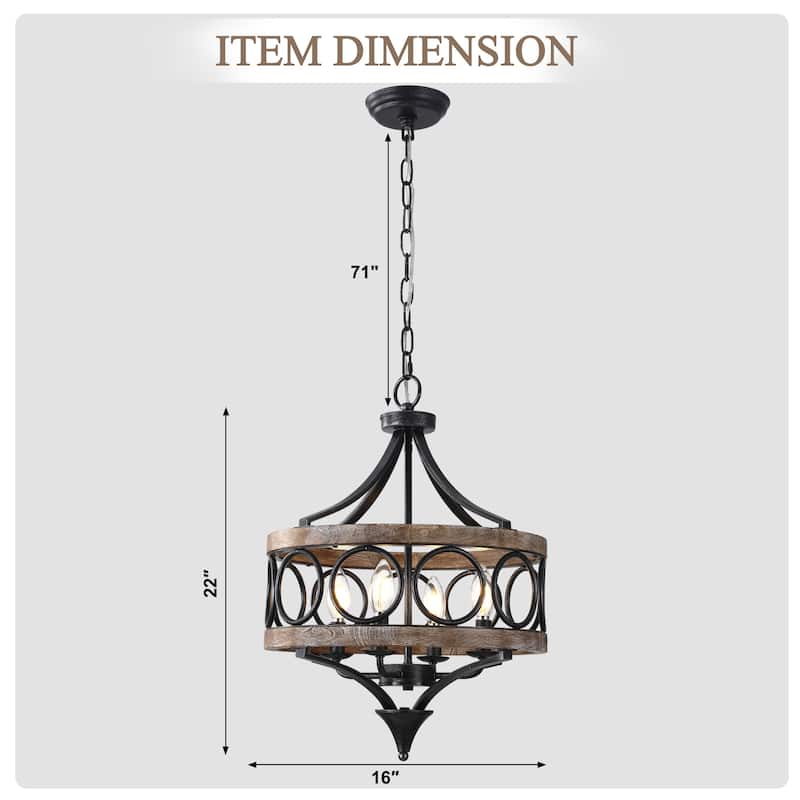 Cusp Barn 4-Light Farmhouse Drum Wood Chandelier, 16'' Rustic Pendant Light, Round Metal Hanging Light Fixture for Dining Room