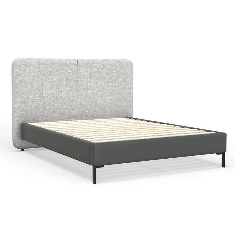 Medieval Majesty Bed - Low Profile Platform Bed - Faux Leather & Linen - Metal Legs - 69"W x 84"D x 51"H