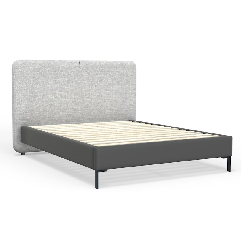 Modern Platform Bed - Grey Linen Headboard & Faux Leather Footboard - Metal Leg Bed Frame - 74" Wide