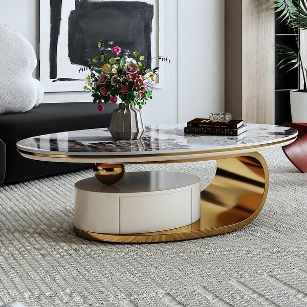 55 Inches Modern Oval Faux Marble Coffee Table with Storage For Living ...