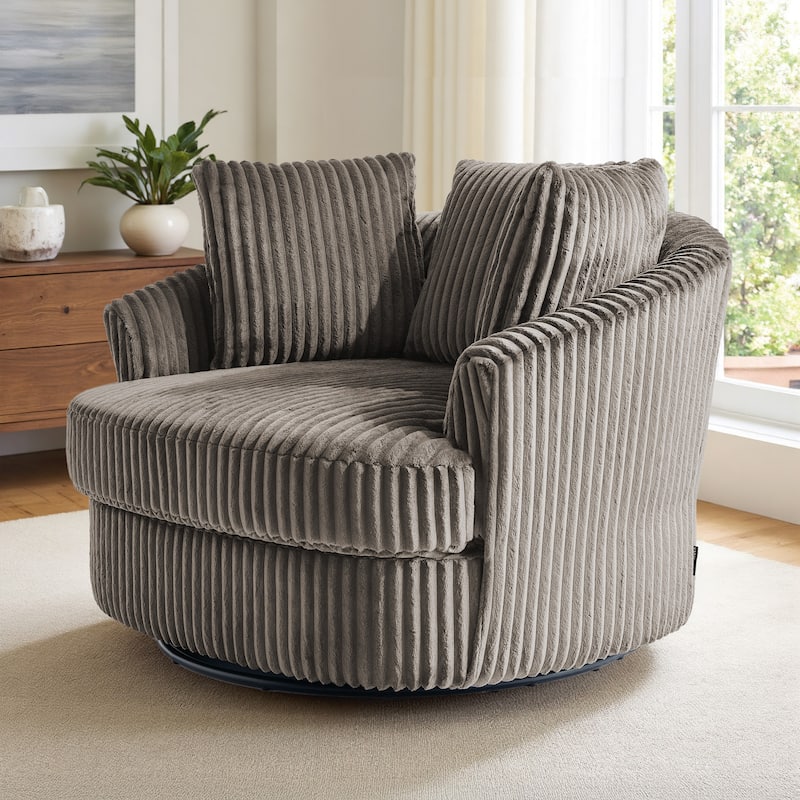 Recessed Arm Slipcovered Swivel Barrel Chair with Pillows