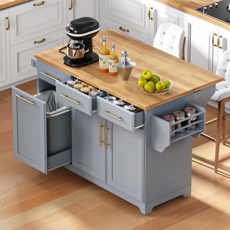 59.3" Rolling Kitchen Island with Storage and Pull-Out Organizers Rubber Wood Drop Leaf Rolling Design for Versatile Use