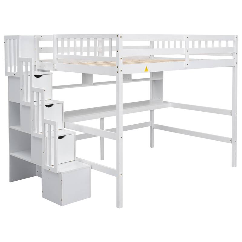 Full Size Loft Bed with Display Stand Desk Underneath, Wood High Loft Bed Frame with Storage Staircase and Storage Shelves