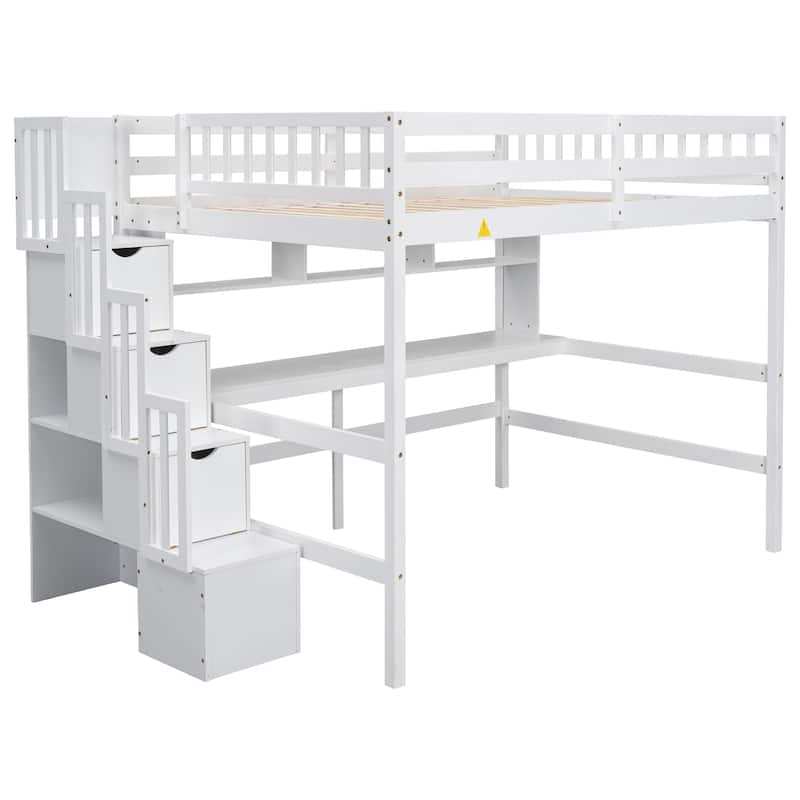 Full Size Storage Staircase Loft Bed with Desk and Storage Shelves