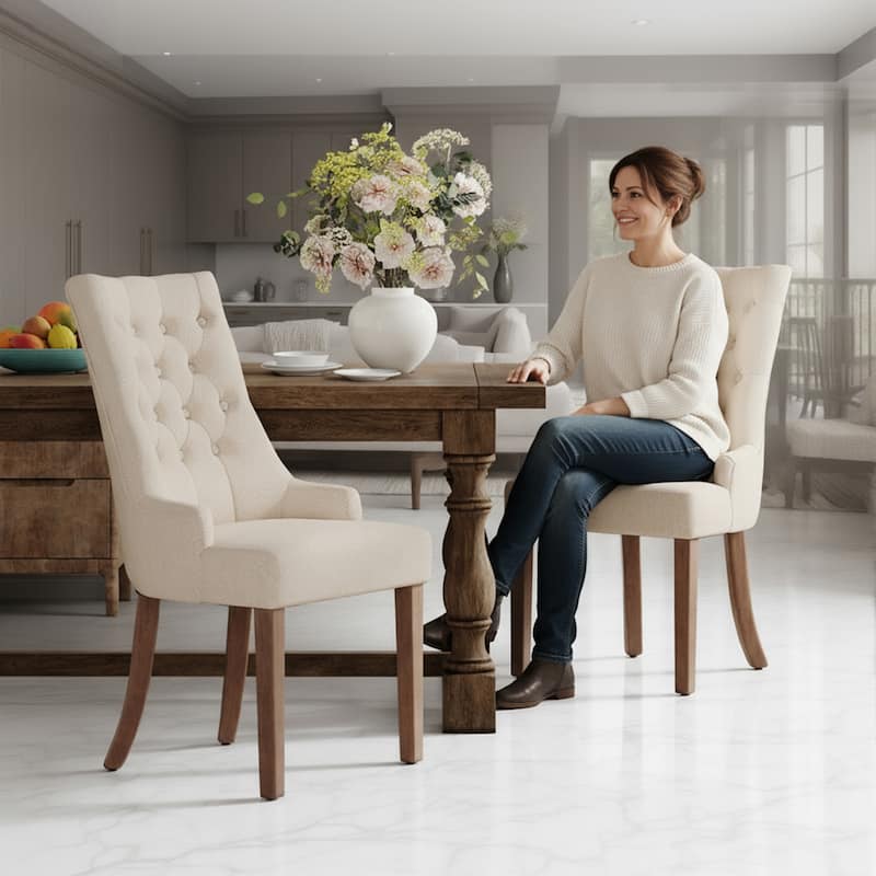 Wingback Upholstered Dining Chairs, Fabric Side with Tufted Button