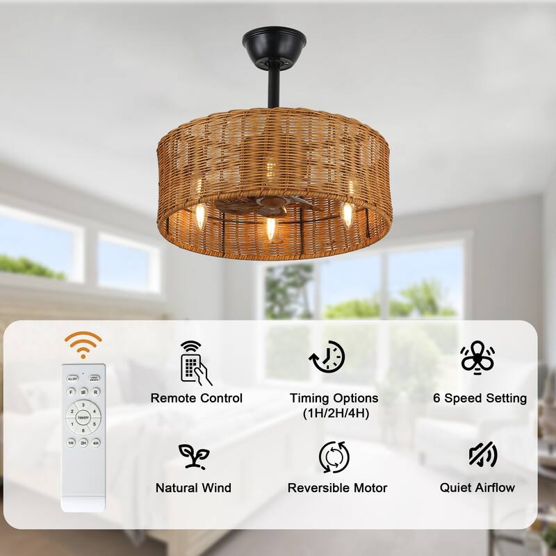 Bella Depot 18" Rustic Rattan Ceiling Fan 6-Speed Reversible Fan with 4 Light and Remote DC Motor