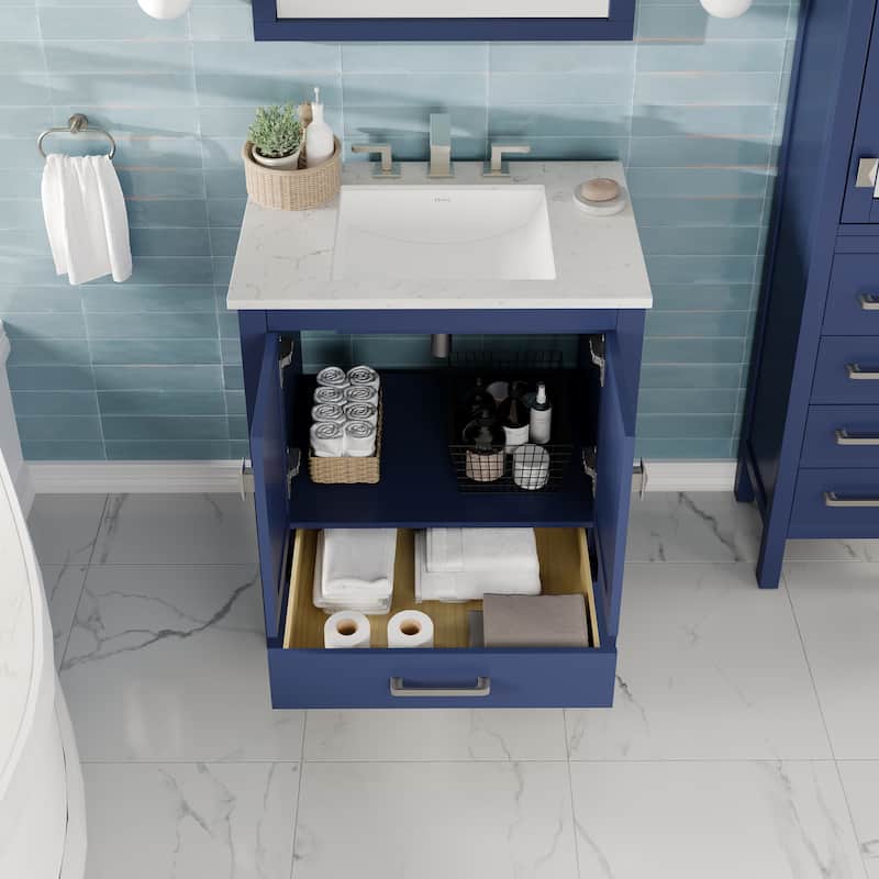 Eviva Aberdeen 24"W x 22"D Blue Bathroom Vanity with Carrara Quartz Countertop and Undermount Porcelain Sink