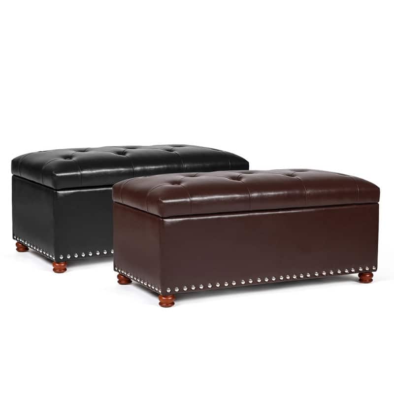 Adeco Rectangular Storage Ottoman Tufted Faux-Leather Bench Lifted Top