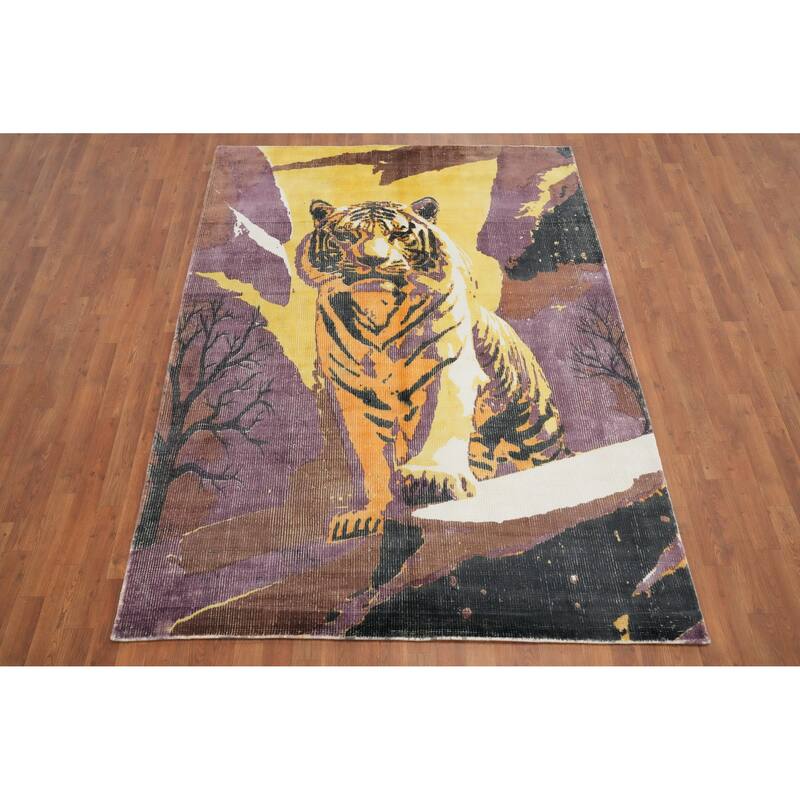 Hand Knotted Oriental Viscose Silk Carpet Modern Animal Pictorial Purples Abstract Area Rug - 7' 9'' X 5' 8''