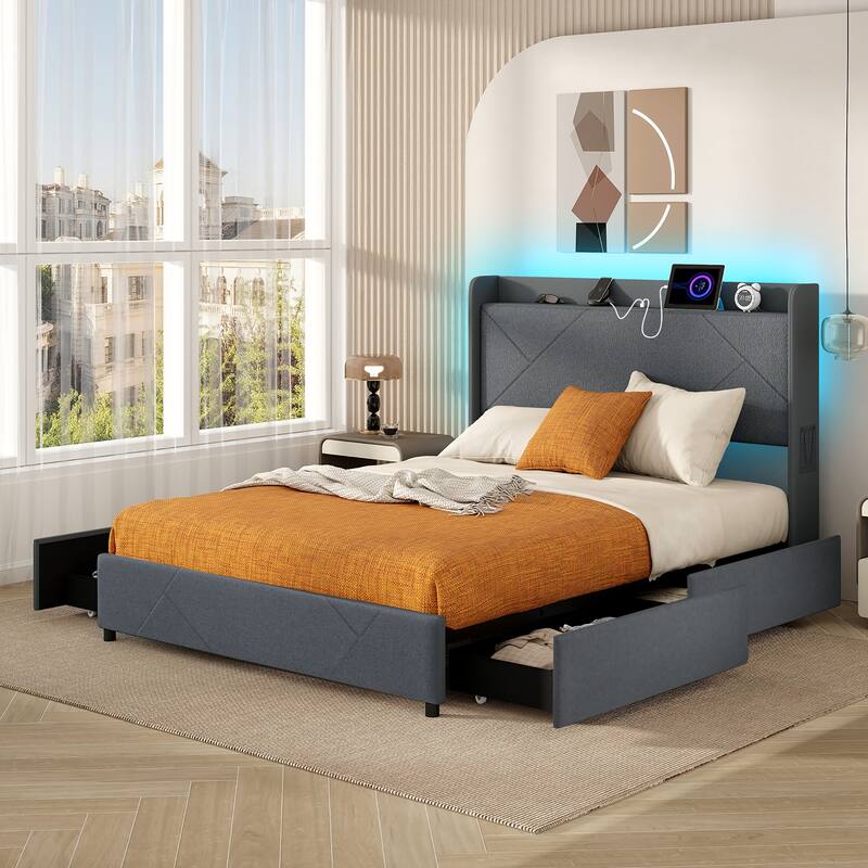 Gymax Bed Frame w/LED Lights Charging Station 2 Storage Pockets & 4 - Queen