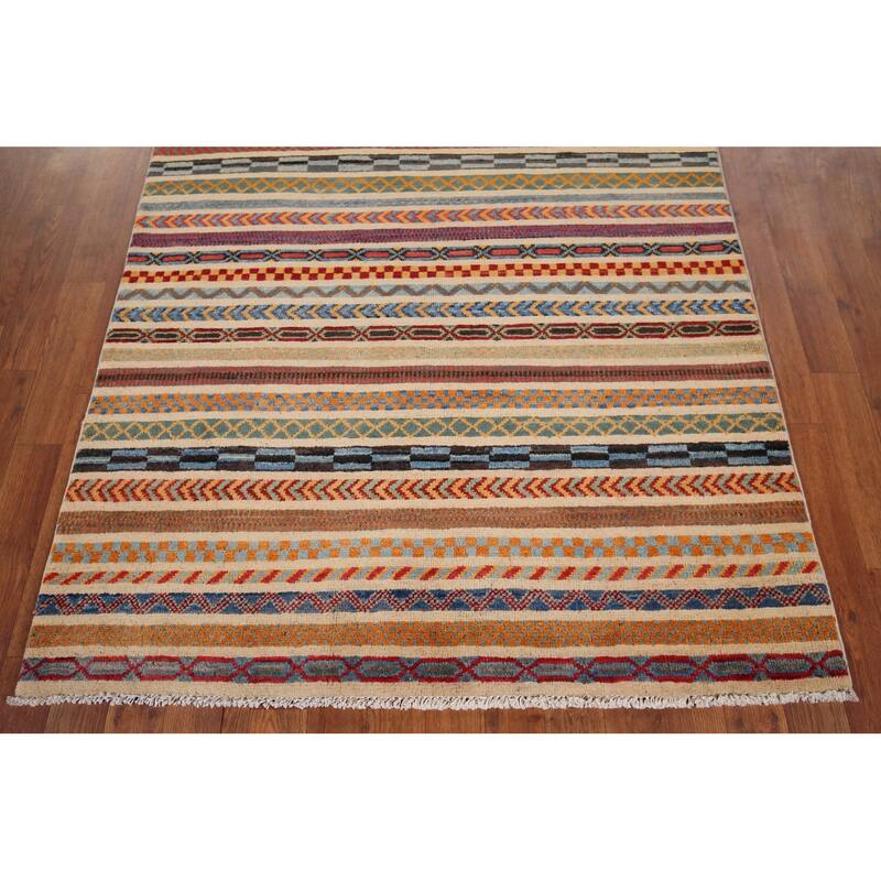 All-Over Striped Kazak Oriental Area Rug Hand-Knotted Wool Carpet - 3'11" x 5'11"
