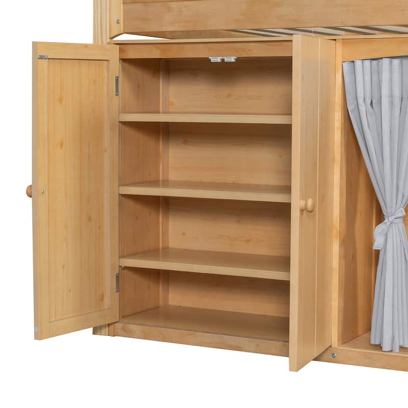 GDFStudio - UrbanGrow Modern Wooden Loft Bed with Storage Cabinet, Wardrobe and LED Light