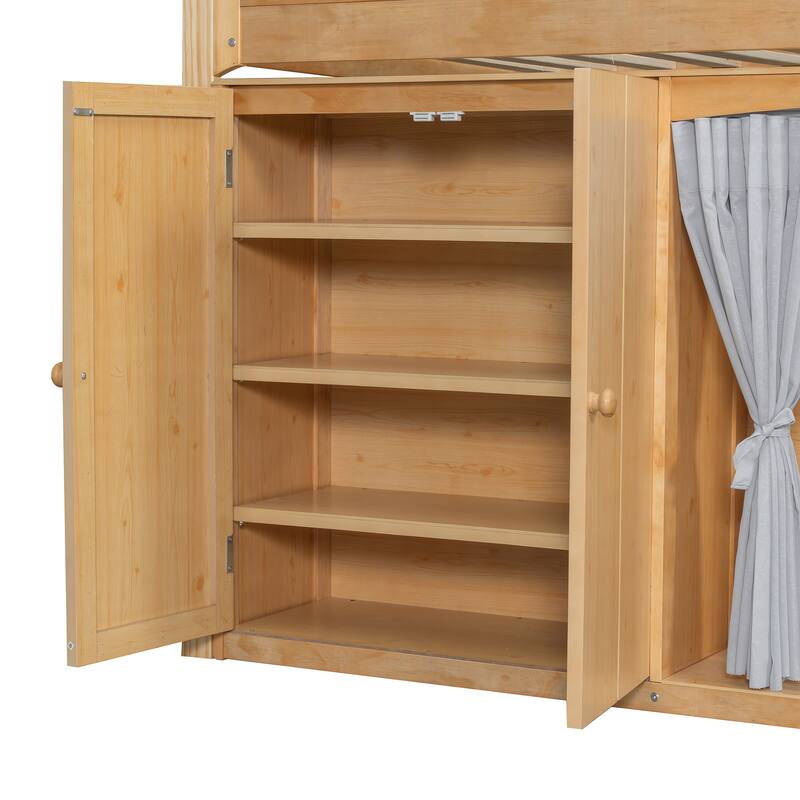 Kids Wooden Loft Bed with Double Door Wardrobe, Storage Headboard Built-in LED, Storage Cabinet and Curtain for Children's Room