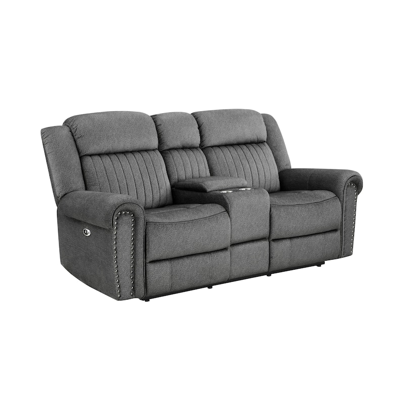 Ben 76 Inch Power Double Recliner Loveseat, Gray Microfiber, Console, Cupholders