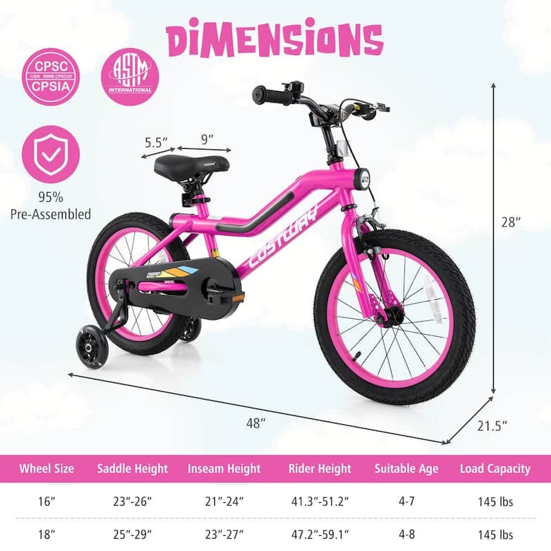 16"/18" LED Lighted Kids Bike Children Bicycle w/ Adjustable Seat