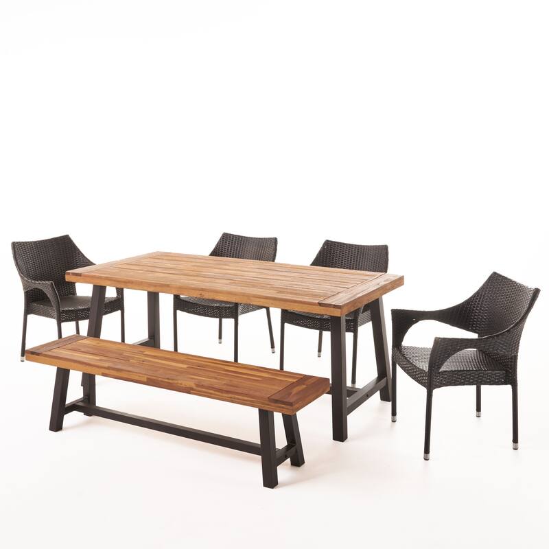 Christopher Knight Home Fletcher Outdoor 6-Piece Rectangular Acacia Wood and Wicker Dining Set