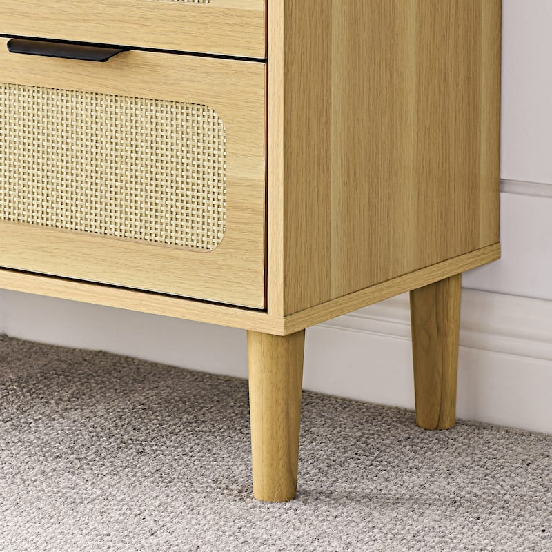 Modern Rattan Dresser Farmhouse Wooden Storage Cabinet with 3 Wide Drawers and Metal Handles, for Room Living Room Hallway