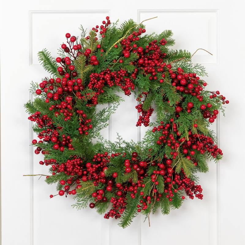 Cedar, Pine and Red Berries Artificial Christmas Wreath - 28" - Unlit