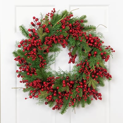 Cedar, Pine and Red Berries Artificial Christmas Wreath - 28" - Unlit