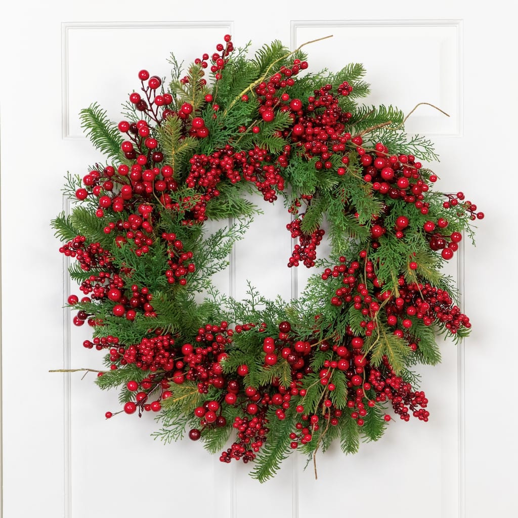 Cedar, Pine and Red Berries Artificial Christmas Wreath - 28" - Unlit