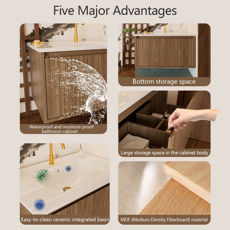 GDFStudio - Ari Modern Aesthetic Freestanding Bathroom Vanity with Ceramic Sink, Soft Close Drawers & Large Storage Spaces