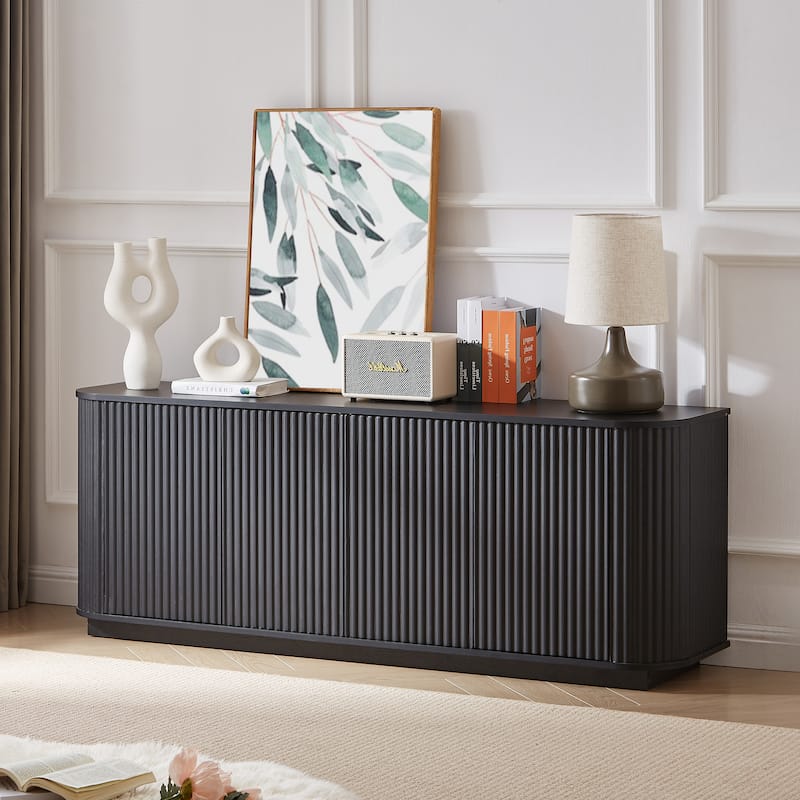 24"H Sideboard Storage Cabinet TV Stand with wave pattern Buffet Cabinet Wooden Vertical Striped Cabinet for Bedroom - Black