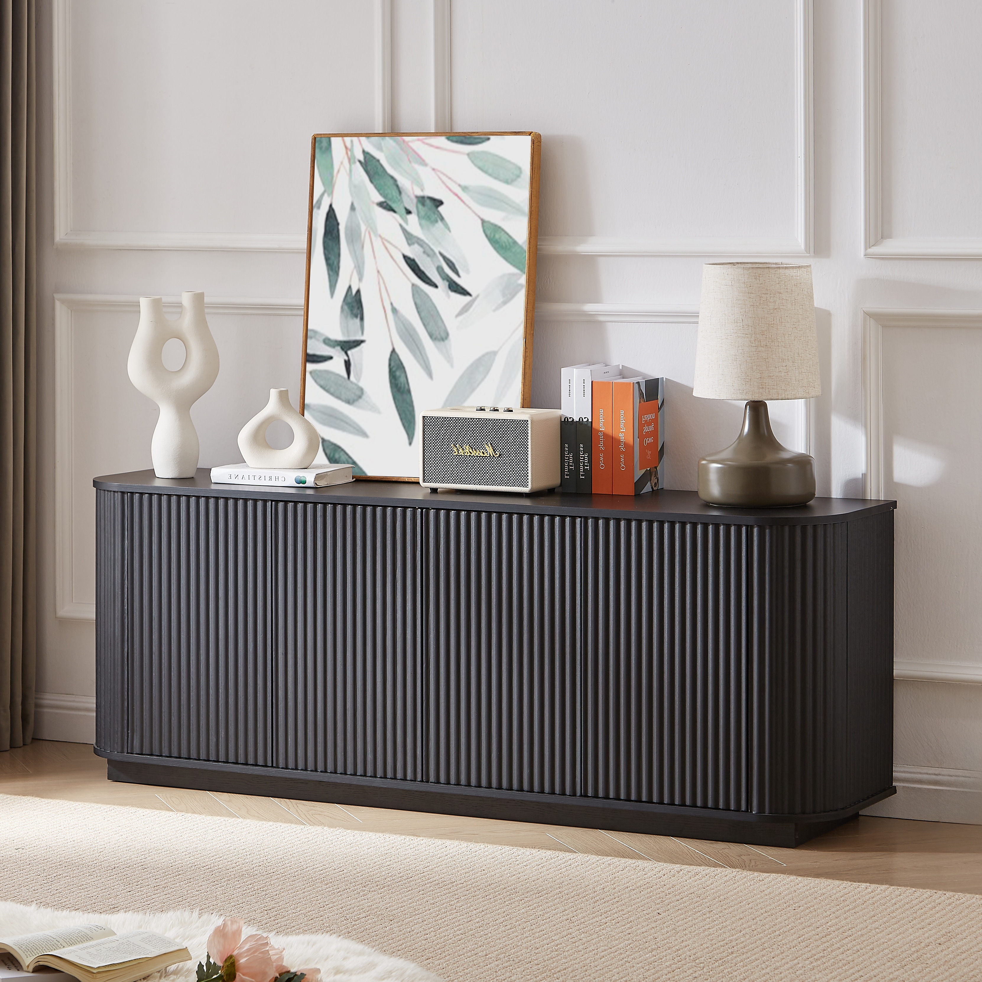24"H Sideboard Storage Cabinet TV Stand with wave pattern Buffet Cabinet Wooden Vertical Striped Cabinet for Bedroom