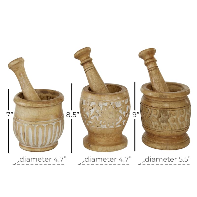 Wood Mortar And Pestel - Set of 3 Brown - Roche River Decor - 6"W x 5"L x 8"H