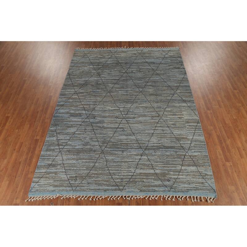All-Over Trellis Striped Moroccan Area Rug Handmade Wool Carpet - 8'3"x 11'4"