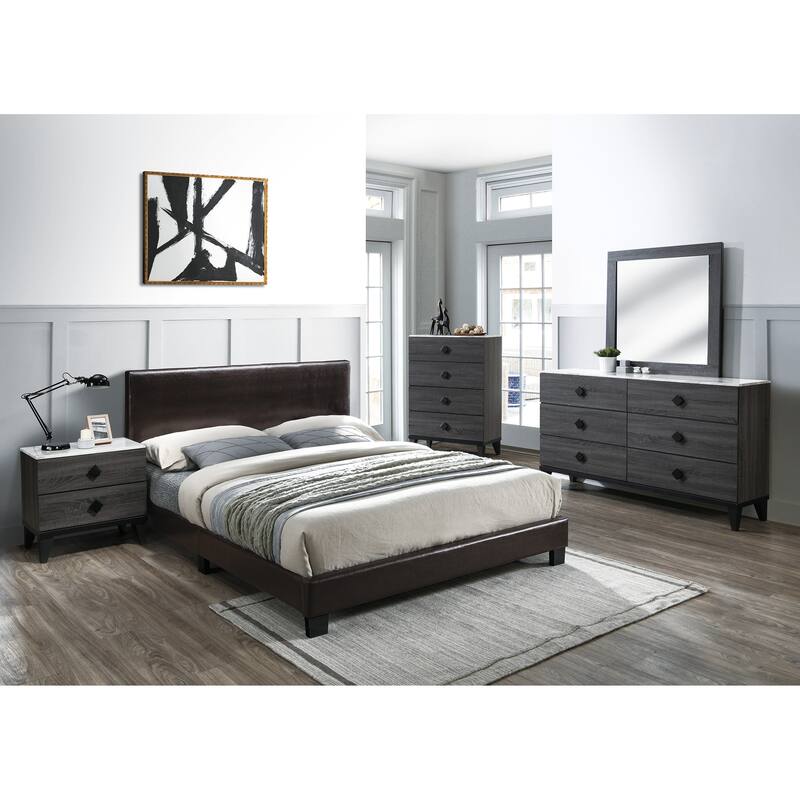 Transitional Style Bed Set Rectangular Headboard Brown Finish