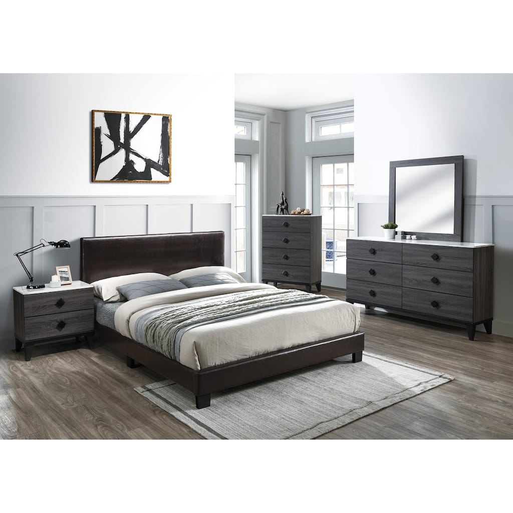 Transitional Style Bed Set Rectangular Headboard Brown Finish