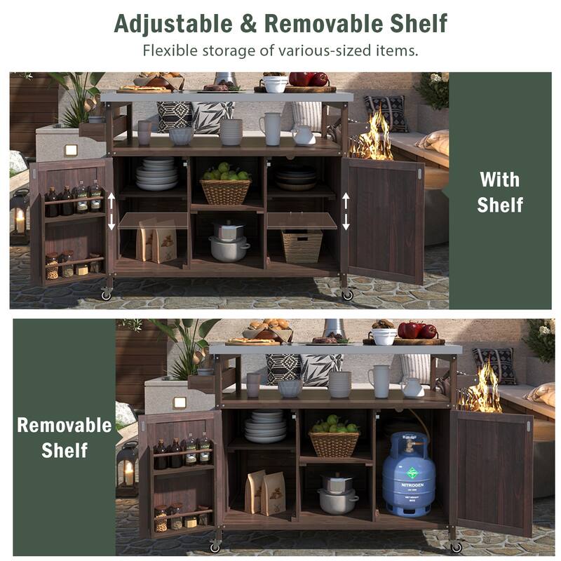 Chichoice Farmhouse Outdoor Kitchen Island with Stainless Steel Top on Wheels - Rolling Grill Cart with Storage for BBQ - N/A