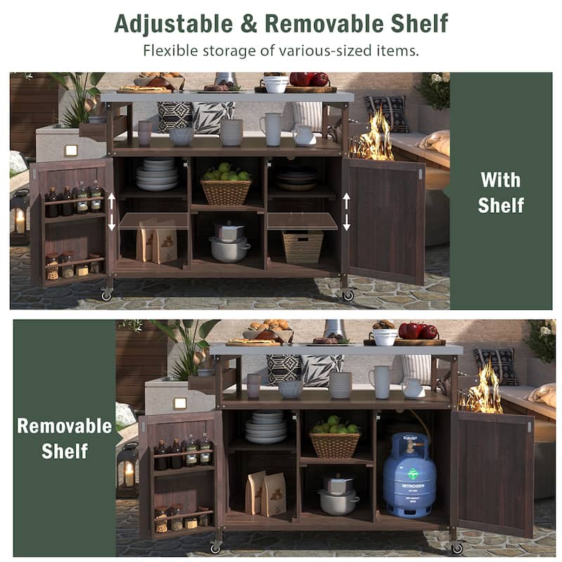 Farmhouse Outdoor Kitchen Island, Rolling Bar Cart & Storage Cabinet with Stainless Steel Top, Spice Rack & Towel Rack