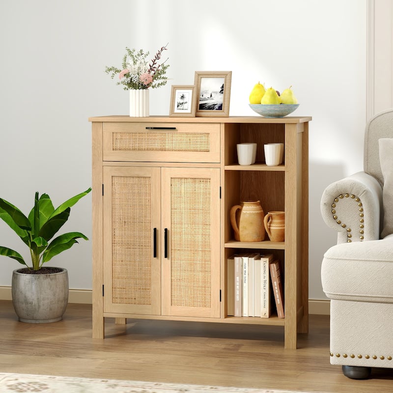 Natural Rattan Buffet Sideboard with Drawer and Cabinet Modern Storage Console Table for Living Room or Dining Room