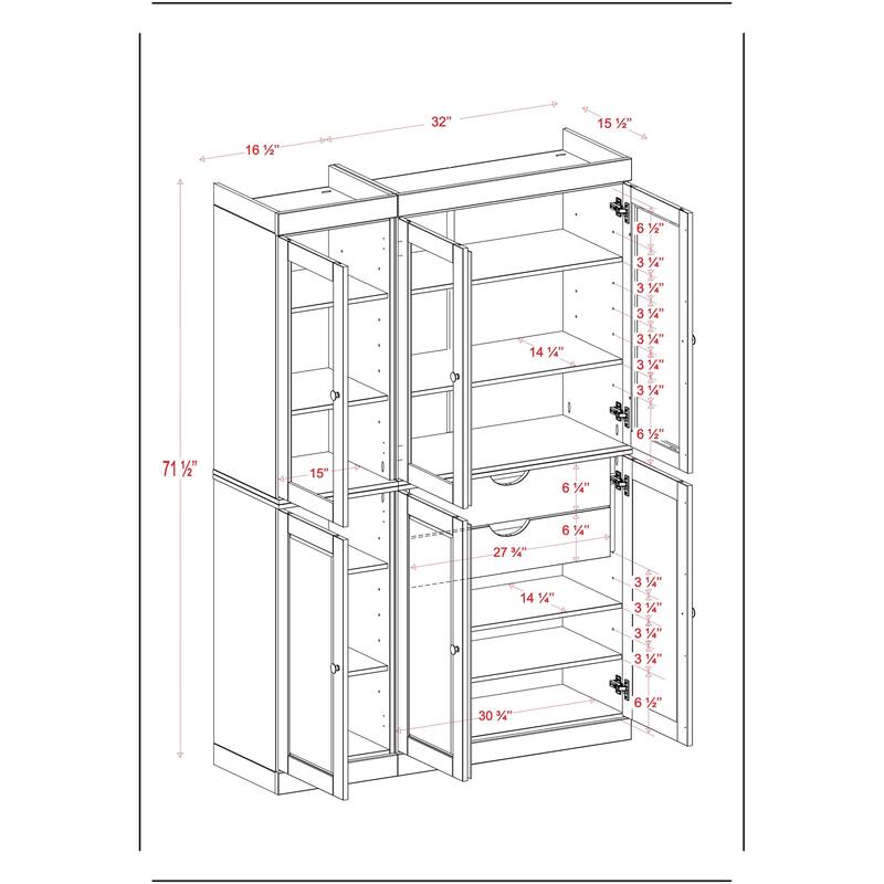 100% Solid Wood 48.5" Pantry Cabinet with Frosted Glass Doors and 2-Drawers