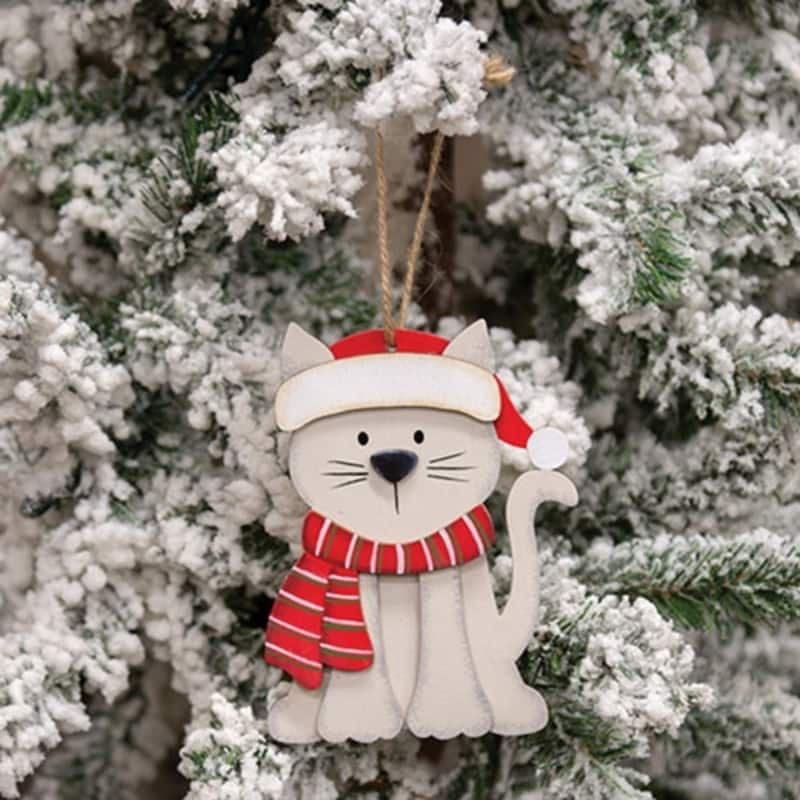 Layered Wood Cat Ornament in Santa Hat and Scarf Holiday Christmas Tree Hanging Decor - 4.5" H x 3" W x .25" D