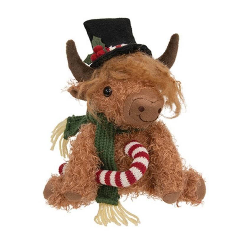 Christmas Sitting Highland Cow with Candy Cane Accent - 6” x 4” x 10.25” - Brown