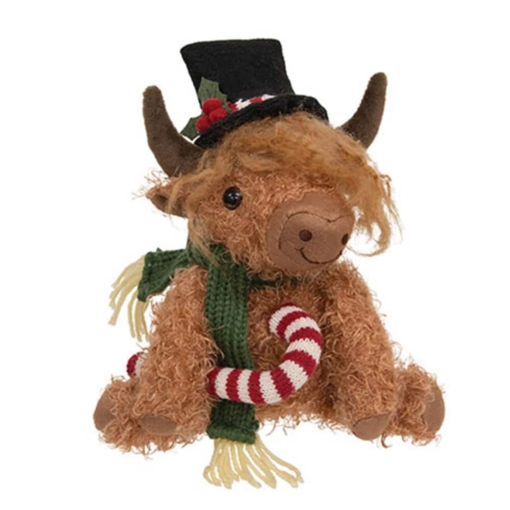 Christmas Sitting Highland Cow with Candy Cane Accent - 6” x 4” x 10.25”