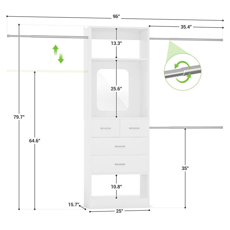 48"-96" W Wooden Closet System with 4 Wooden Drawers and Mirror, Walk-in Closet Organizer with 4 Adjustable Hanging Rods